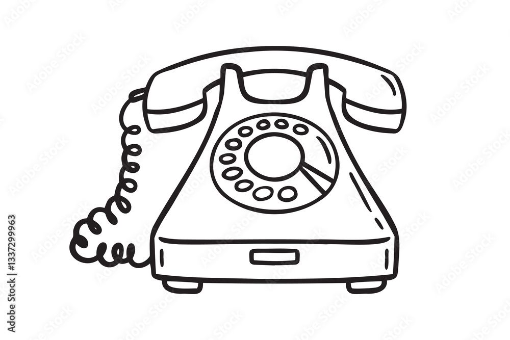 old telephone or retro telephone icon doodle hand drawn. Outline drawing vintage telephone line clipart symbol