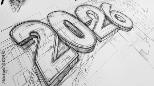 Sketch-style bold 3D rendering of number 2026 in large perspective view surrounded by abstract linear elements on white background representing the new year and futuristic optimism in conceptual graph