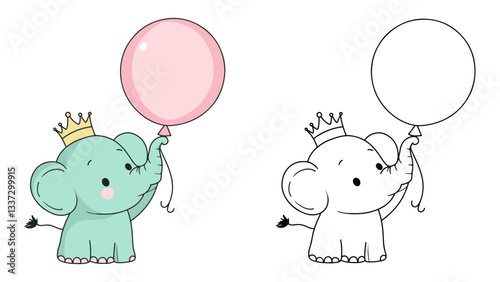 A mint green baby elephant with a tiny curly tail, holding a soft pink balloon with its trunk. It wears a small golden crown tilted on its head