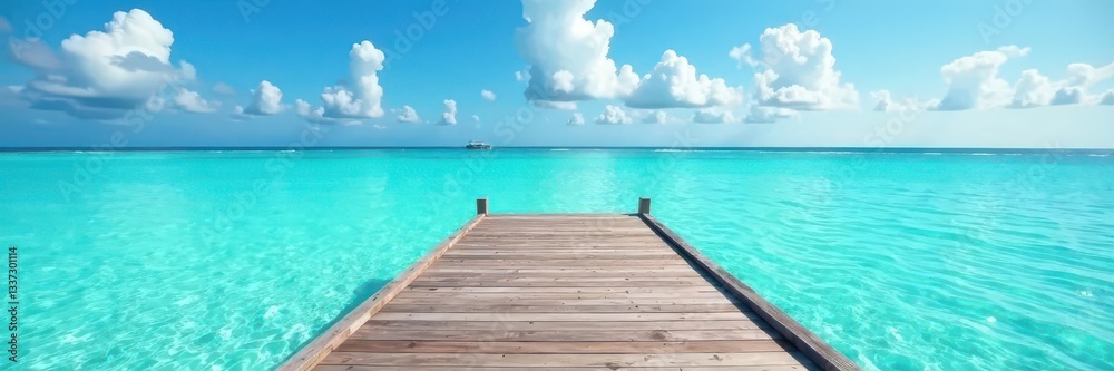 Rustic wooden dock extends over pristine turquoise sea, scene, background, seaside Rustic wooden dock extends over pristine turquoise sea, scene, background, seaside