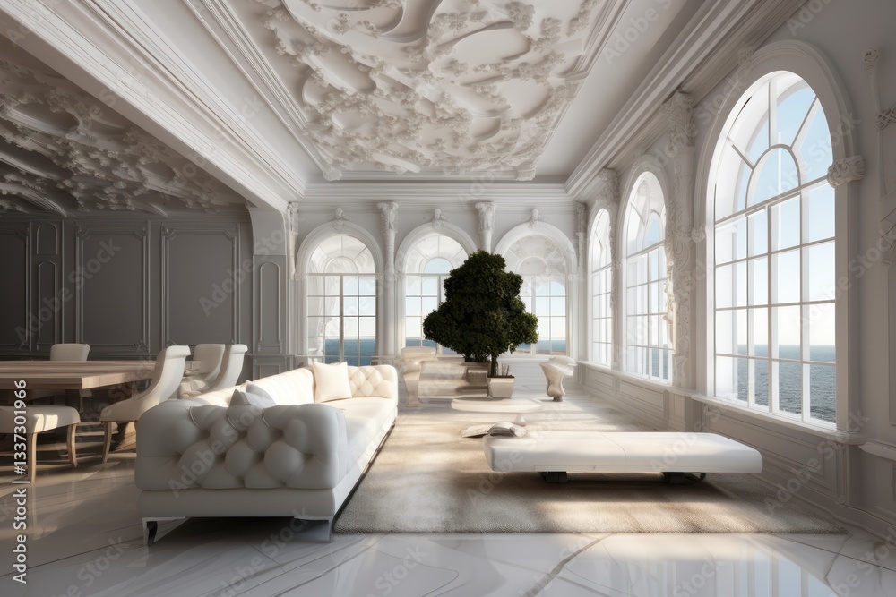 Fototapeta premium Luxury Living Room. Elegant Interior with Sophisticated Decor, Stylish Furniture, and Warm Ambiance. Interior Design and Real Estate Concept with Copy Space. Real Estate and Home Decor Concept.