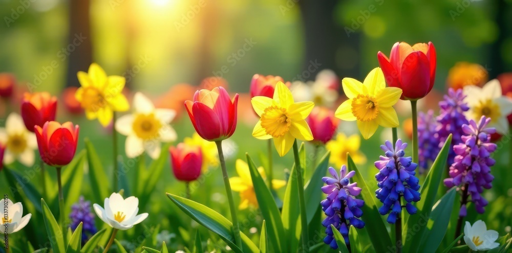 Vibrant tulips, daffodils, and hyacinths in a lush spring meadow , meadow, nature, green Vibrant tulips, daffodils, and hyacinths in a lush spring meadow , meadow, nature, green