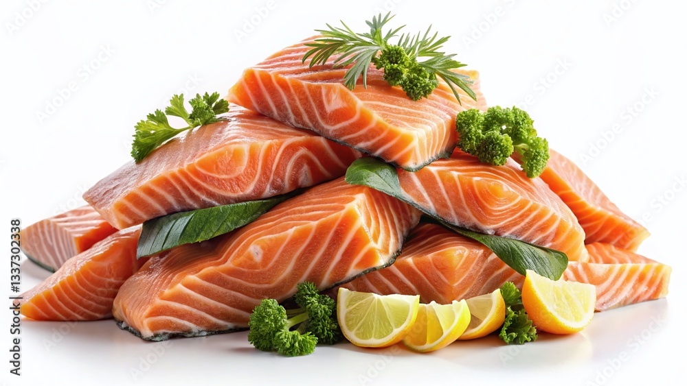 Surreal Salmon: Whole & Sliced Pieces Piled High on a Plain Background - Stock Photo Surreal Salmon: Whole & Sliced Pieces Piled High on a Plain Background - Stock Photo
