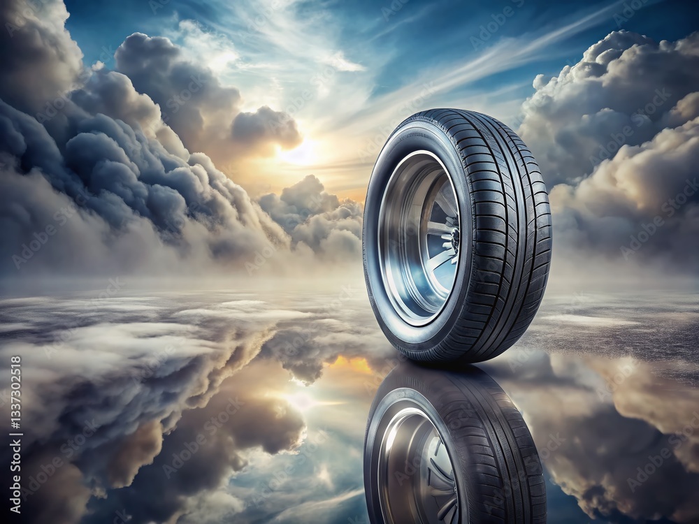 Surreal Silver Rimmed Tire: Floating in a Dreamlike Landscape Surreal Silver Rimmed Tire: Floating in a Dreamlike Landscape