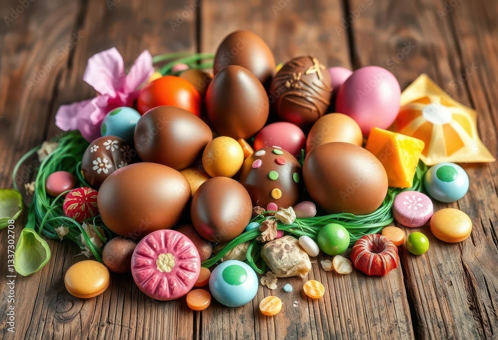 A cluster of chocolate Easter eggs and assorted sweets rests on a rustic wooden surface, easter sweets, background A cluster of chocolate Easter eggs and assorted sweets rests on a rustic wooden surface, easter sweets, background