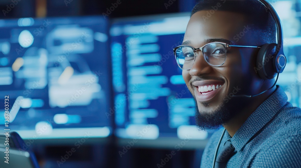 Fototapeta premium A cheerful call center agent interacting with a customer on the phone, with digital screens displaying tech support interfaces in the background