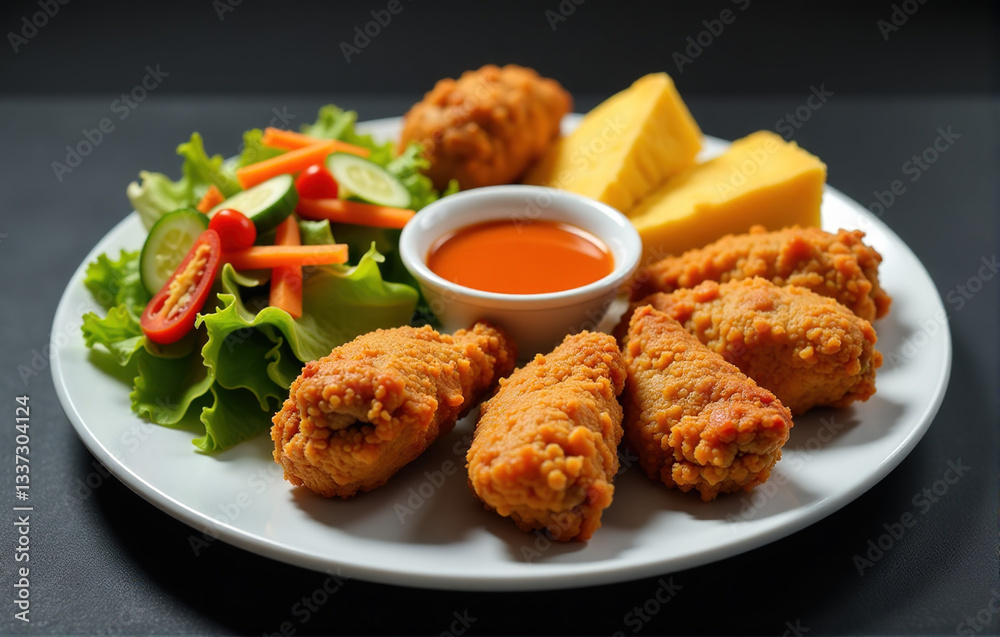 Close-up shot of crispy fried chicken wings served with a side salad, cornbread, and spicy dipping sauce. Perfect for restaurant menus or food blogs. Close-up shot of crispy fried chicken wings served with a side salad, cornbread, and spicy dipping sauce. Perfect for restaurant menus or food blogs.