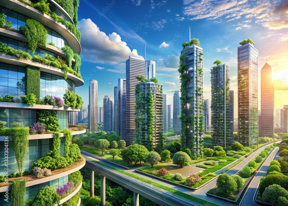Obraz premium Sustainable Cityscape: Green Infrastructure & Smart Technology