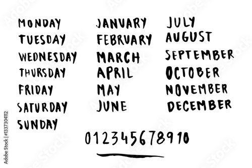 Palabras escritas a mano con pincel. Meses del año, días de la semana y números. Escrito en mayúsculas en ingles