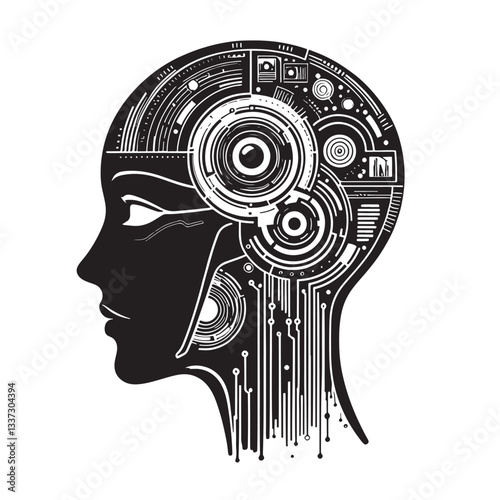 AI robot head silhouette icon on a white background vector  10 eps 