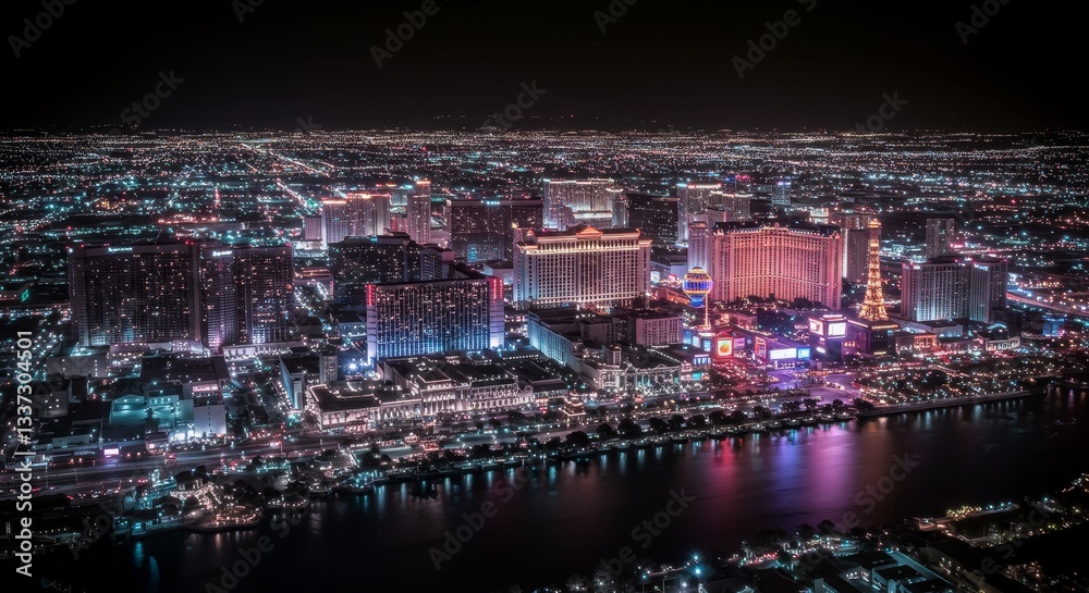Fototapeta premium Night Lights Cityscape Panorama - Aerial view of a vibrant city at night, showcasing illuminated buildings and a reflecting river