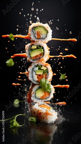 Vegan vegetables sushi rolls food rice meal.