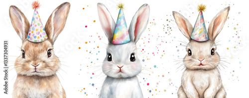 drawing portrait of cute baby bunny with birthday cap isolated on transparent background