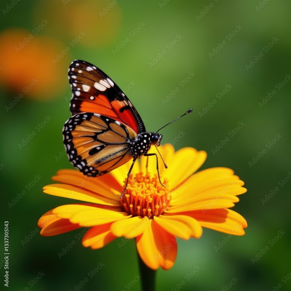Fototapeta premium Painted lady butterfly nectaring on bright orange marigold , marigold, insect, orange