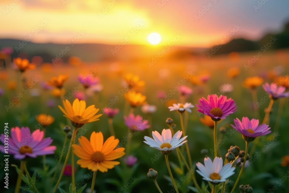 Fototapeta premium Soft focus sunset over vibrant wildflowers, sweet meadow , light, flowers