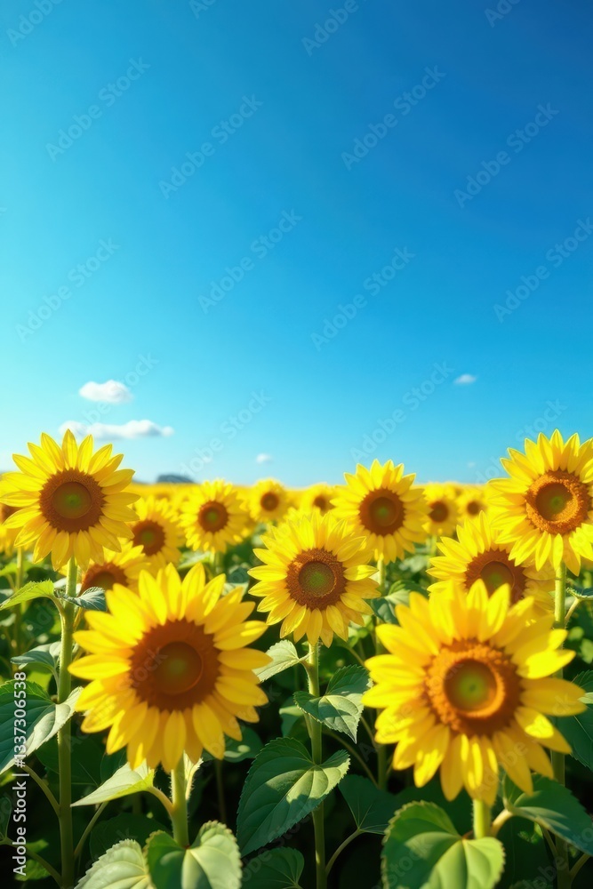 Vibrant yellow sunflowers dominate a vast blue sky field , serenity, yellow Vibrant yellow sunflowers dominate a vast blue sky field , serenity, yellow