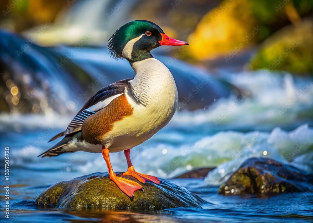 Obraz premium Torrent Duck Male, Panoramic River Rock Perched Bird Photography