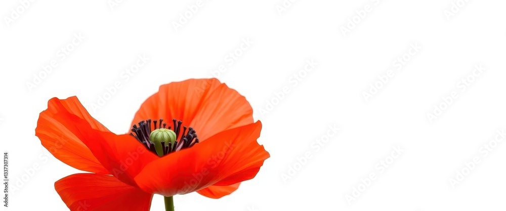 Naklejka premium A vibrant, single red poppy flower, petals fully open, isolated against a pure white background, flora, spring