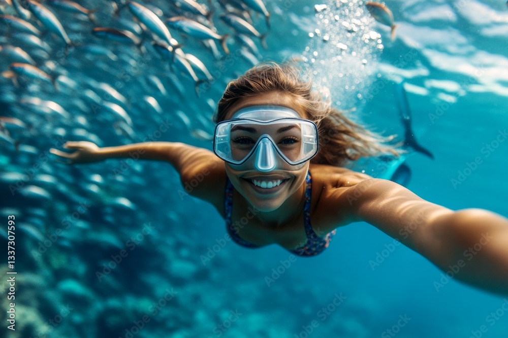 Naklejka premium A gorgeous and sexy happy young woman with medium hair in a swimming mask and fins snorkeling among the corals. Bright commercial style image. A dense school of silver fish swims next to her.