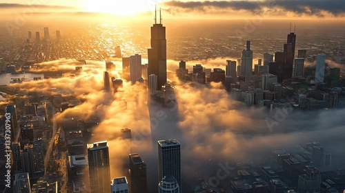 City skyline emerges from fog during sunrise over Chicago showcasing modern architecture and urban landscape