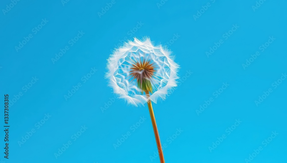 Delicate dandelion seeds floating against a vibrant blue sky, spring, light Delicate dandelion seeds floating against a vibrant blue sky, spring, light