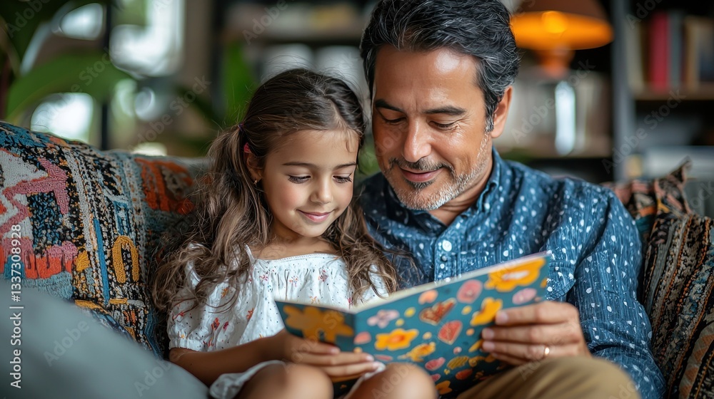 Obraz premium Father and daughter reading book together at home (2)