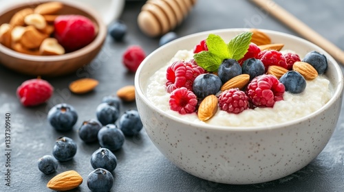 Bowl of Icelandic skyr with berries, nuts, and honey on a Nordic-inspired table with natural tones