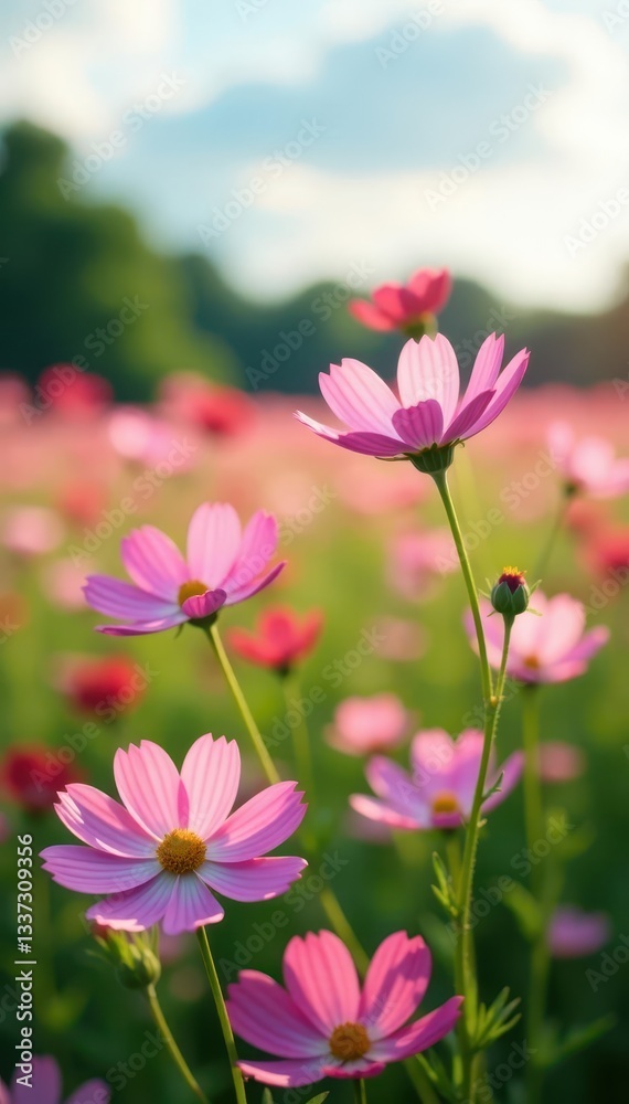 Pink cosmos flowers sway gently in a summer field , sunlight, meadow, colorful Pink cosmos flowers sway gently in a summer field , sunlight, meadow, colorful