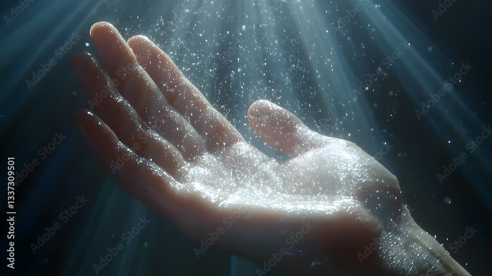 Ephemeral Embrace: A delicate hand outstretched, catching particles of light and water, evokes a sense of purity, and serenity, with a heavenly glow. Ephemeral Embrace: A delicate hand outstretched, catching particles of light and water, evokes a sense of purity, and serenity, with a heavenly glow.