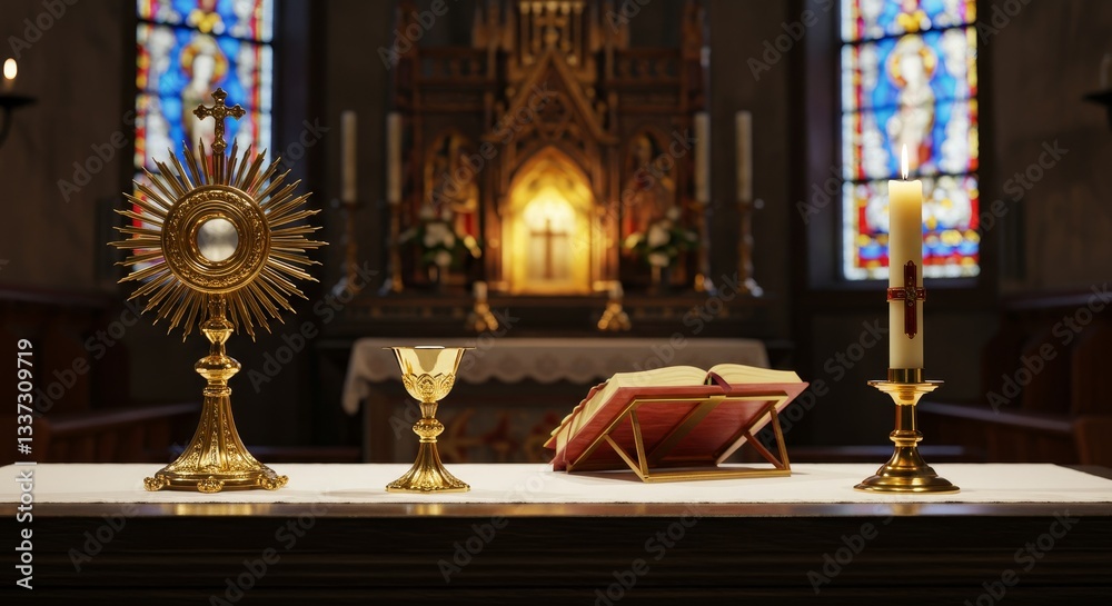Obraz premium Sacred Altar Setting in Church - Close-up of a golden monstrance, chalice, bible, and candle on an altar in a church. Peaceful and spiritual atmosphere