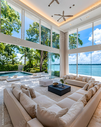 Luxurious waterfront living room with expansive glass walls, showcasing a pool and ocean view
