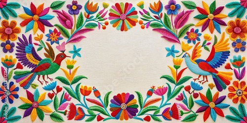 Vibrant Otomi Tenango Embroidery Floral Frame for Fiesta Invitation