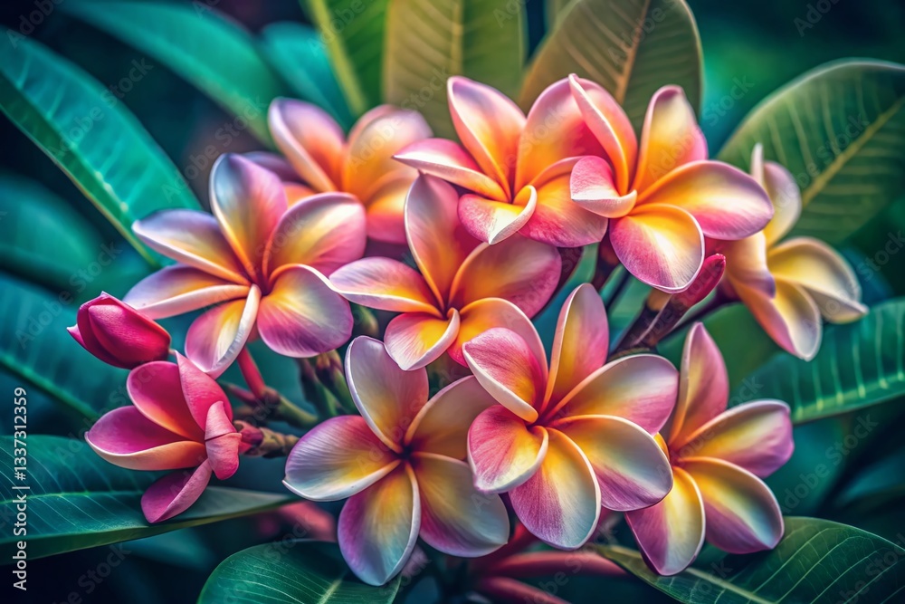 Fototapeta premium Vibrant Plumeria Flowers: Close-Up Documentary Style Illustration