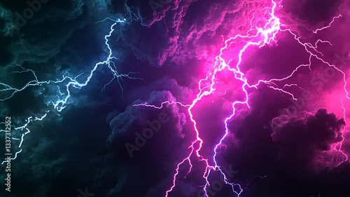 Dramatic thunderstorm with vibrant lightning strikes illuminating the dark sky