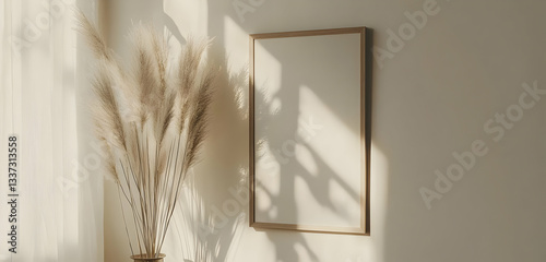 A vertical wooden frame with dried grass in a vase on a soft white wall, perfect for a warm, Japandi-style home d?(C)cor. 40k, , high resolution