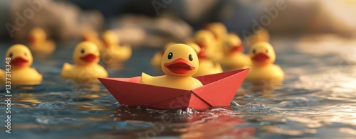 Yellow rubber ducks and red balls share a bubbly bath with a small red paper boat, creating a bright and cheerful atmosphere