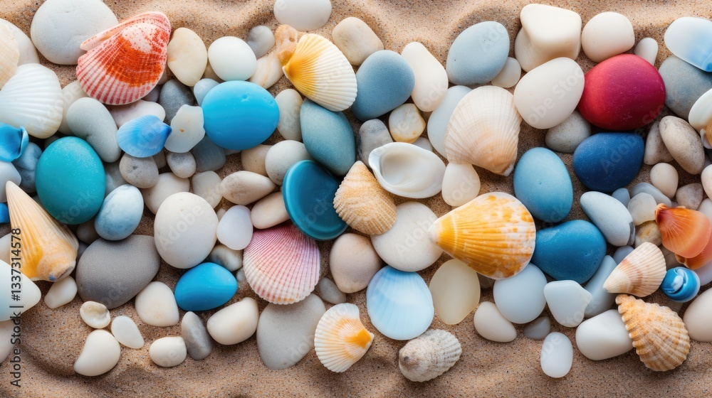 Seashells and Stones on Sandy Beach Seashells and Stones on Sandy Beach