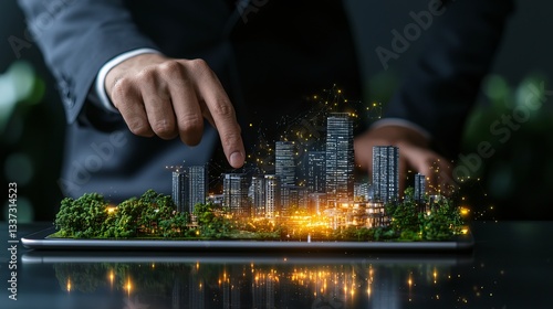 A businessman exploring a virtual cityscape with vibrant greenery and glowing buildings, symbolizing innovation.