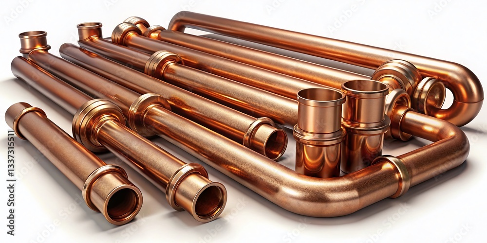 Naklejka premium Vintage Copper Pipes: Isolated 3D Render on White Background - Industrial Plumbing Stock Photo