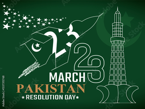 23 march Pakistan resolution day banner design, poster design, card design, tamplate design with fighter jets, mountains, typography, green background with vector illustration
