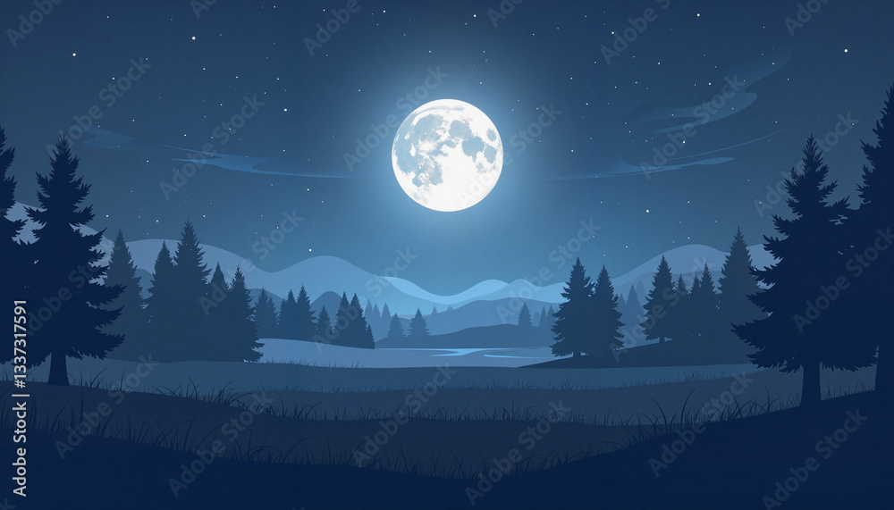 Naklejka premium Serene full moon illuminating open field at night, mystical ambiance