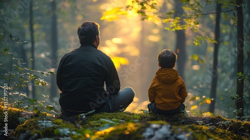 Father and son meditate in sunlit forest