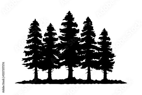 Forest icon. Pine trees. Black silhouette. Horizontal front side view. Vector simple flat graphic hand drawn illustration. Isolated object on white background. Isolate.