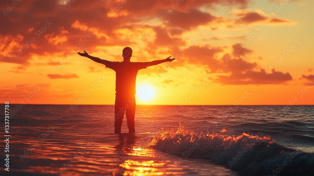 Fototapeta premium Silhouette of a young caucasian male embracing a vibrant ocean sunset