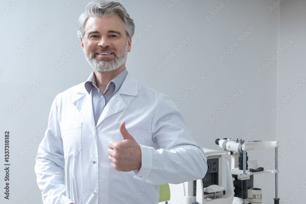 Male doctor in lab coat smiling and looking happy Male doctor in lab coat smiling and looking happy