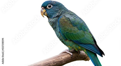 Vibrant Green Parrot Perched on Branch - A beautiful green parrot, isolated on a white background, symbolizes freedom, nature, beauty, exoticism, and serenity