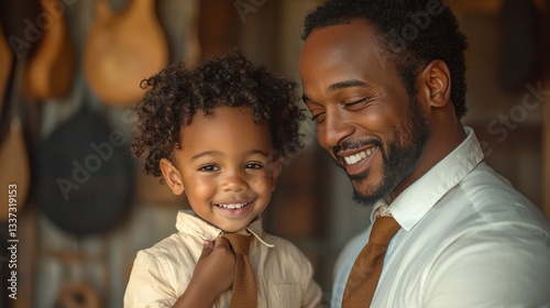 Father helps son with tie in rustic workshop