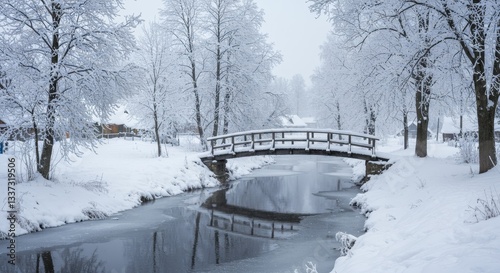 Winter Bridge Over Frozen Creek - Scenic winter landscape featuring a wooden bridge over a frozen creek, snow-covered trees, and quaint houses in the background