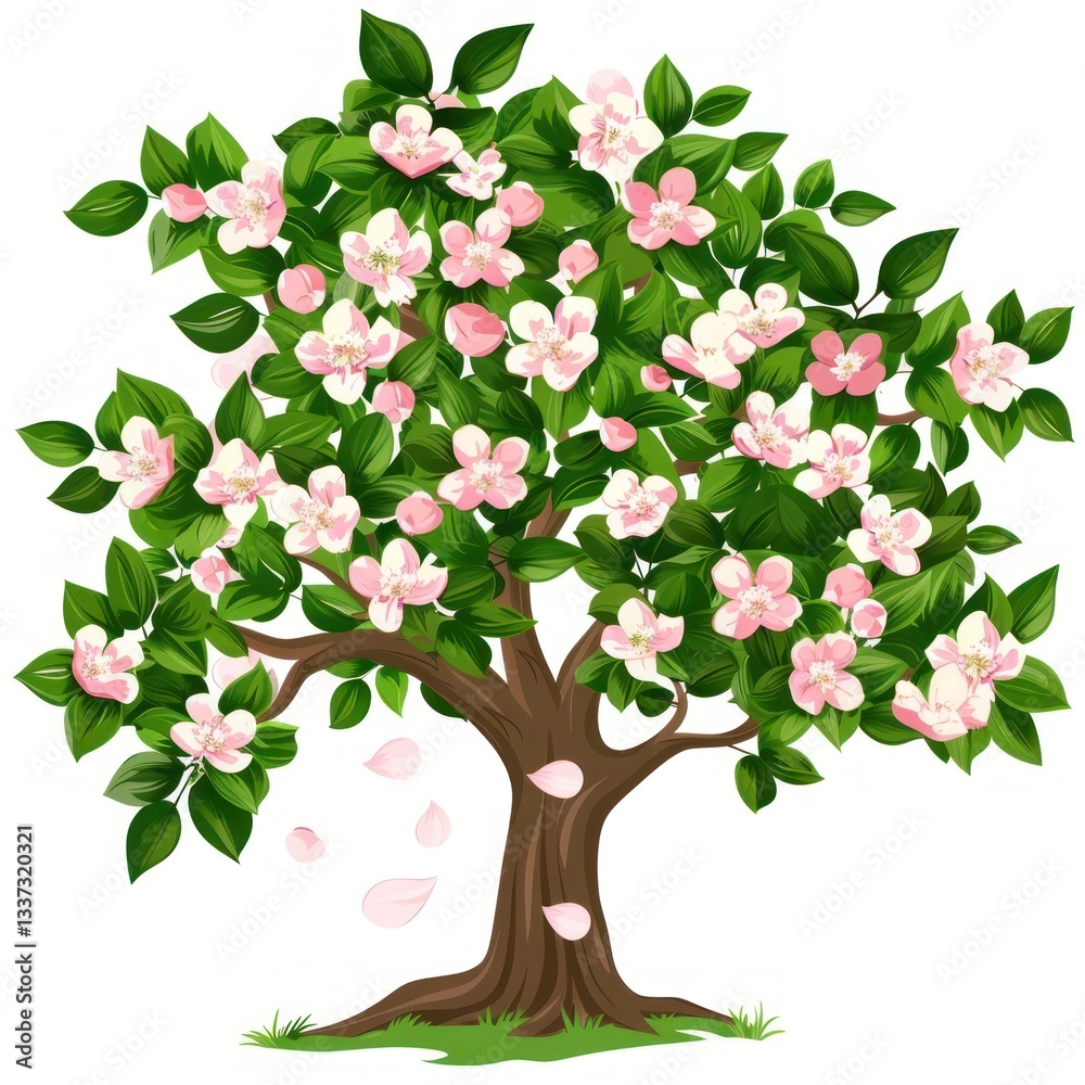 Obraz premium Cartoon tree with pink flowers blossoms leaf illustration.