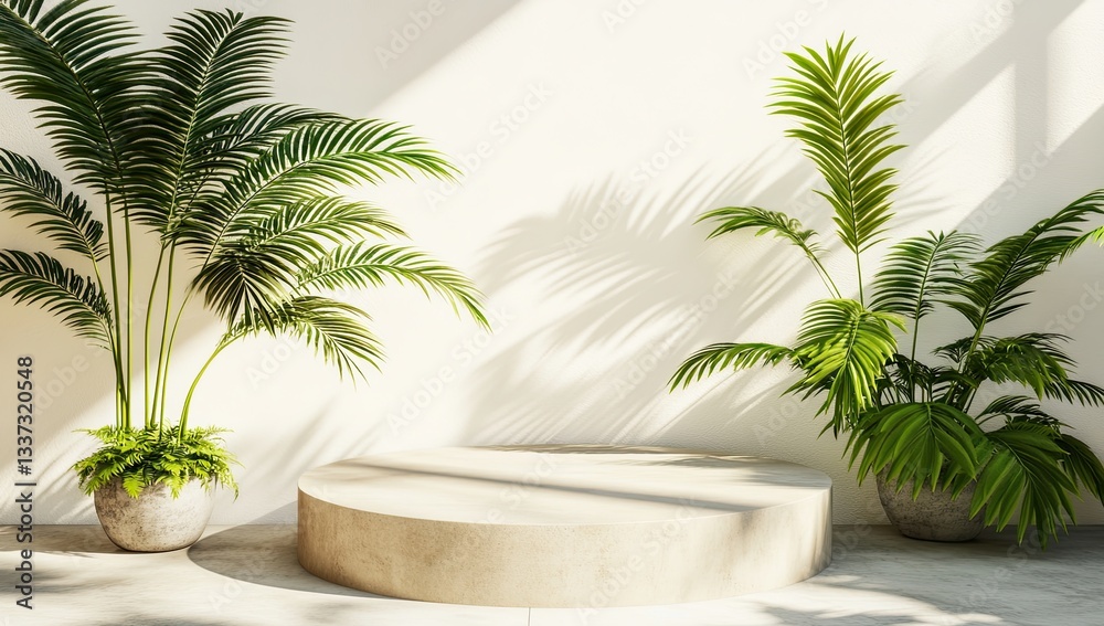 A minimalist, well-lit setting with a sophisticated round platform, embodying a contemporary and high-end design for mockup purposes A minimalist, well-lit setting with a sophisticated round platform, embodying a contemporary and high-end design for mockup purposes